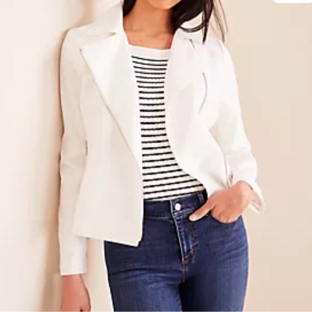 Ann Taylor Off-White Cotton Linen Moto Zip Jacket 14p